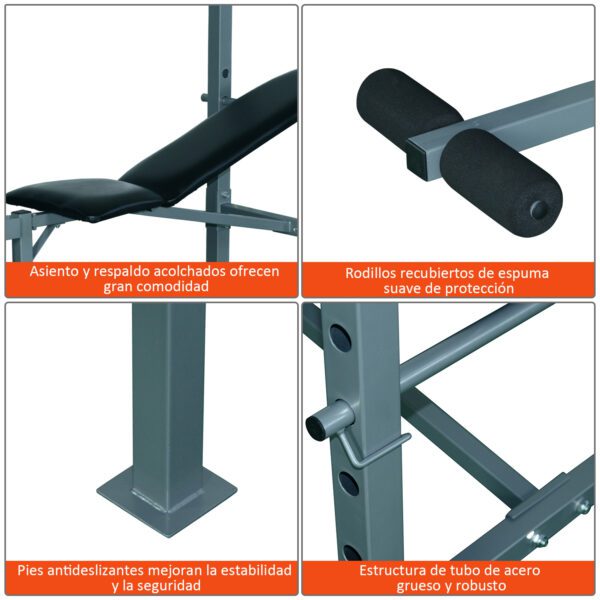 Banco de Pesas y Abdominales Ajustable para Fitness Negro y Plateado Acero PVC EVA 165x68x114 cm - Imagen 5