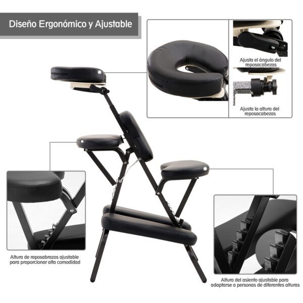 Silla de Masaje Plegable Portátil para Fisioterapia Rehabilitación Tatuaje Sillón de Tratamiento Ajustable con Bolsa de Transporte Acero Carga 150kg - Imagen 5