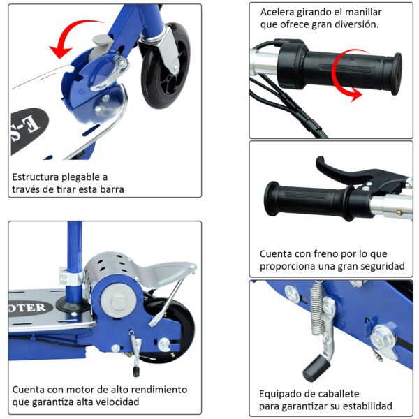 Patinete Eléctrico Scooter Plegable con Manillar y Asiento Ajustable - Color Azul - 81.5x37x96cm - Imagen 11