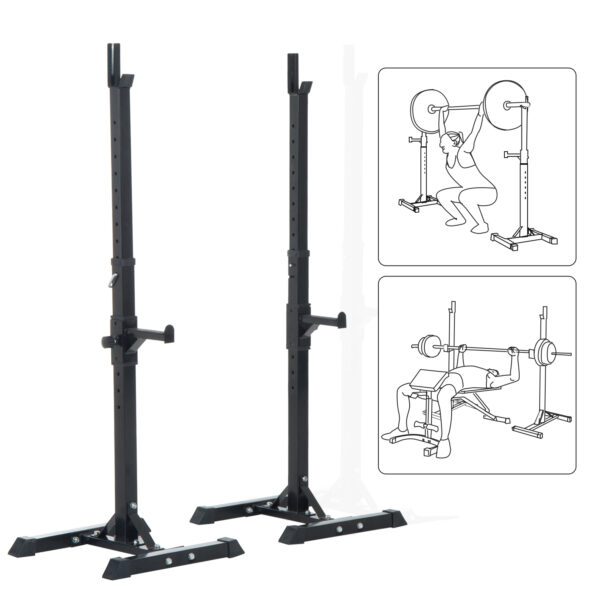 Soporte para Barra de Pesas squat rack Estante Ajustable de 12 Niveles Barra Levantamiento Pesas Gimnasio Max. 150 KG Acero 52x48x108-163 cm Negro