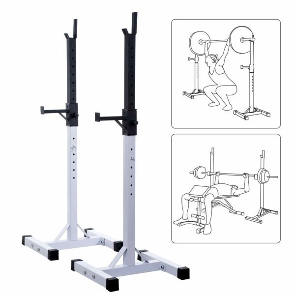 Soporte para Barra de Pesas squat rack Estante Ajustable de 12 Niveles Barra Levantamiento Pesas Gimnasio Max. 150 KG Acero 52x48x108-163 cm Blanco - Imagen 3