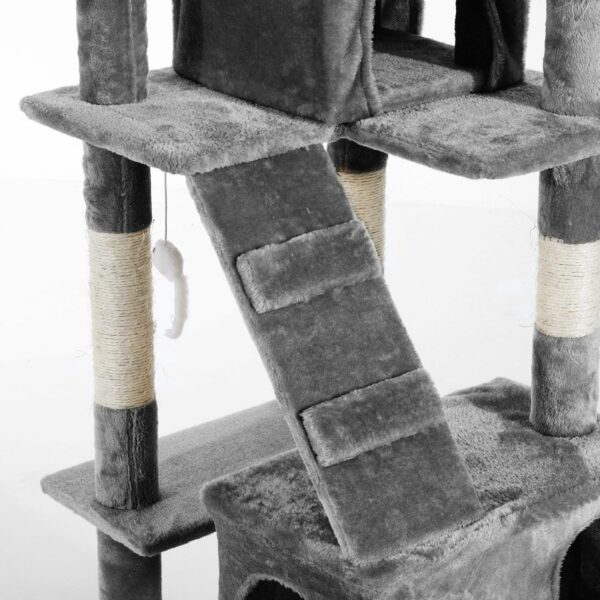 Rascador Gatos Dormir Jugar Centro Actividades Arañar Gris Madera Felpa con Ratoncitos 50x50x170cm - Imagen 3