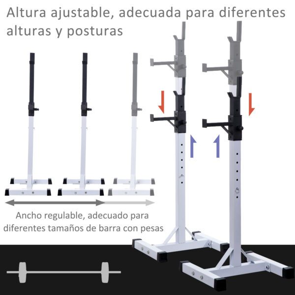 Soporte para Barra de Pesas squat rack Estante Ajustable de 12 Niveles Barra Levantamiento Pesas Gimnasio Max. 150 KG Acero 52x48x108-163 cm Blanco - Imagen 7