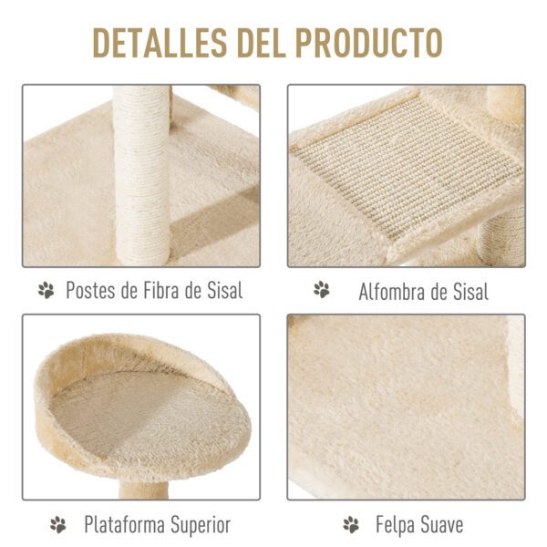 Árbol para Gato Rascador Poste para Arañar con Cama Plataforma con Manta de Sisal 50x50x100cm Terciopelo Beige - Imagen 4