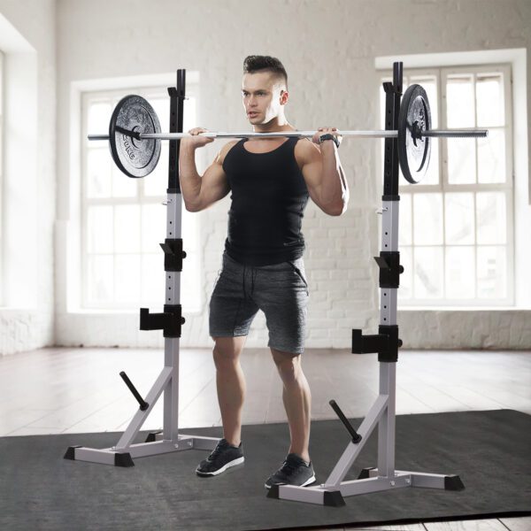 Soporte para Barras de Pesas Ajustable Estante Multifuncional 2 Piezas de Acero Carga 200 kg Entrenamiento para Gimnasio Casa 105x71x135-190 cm Plata y Negro - Imagen 3