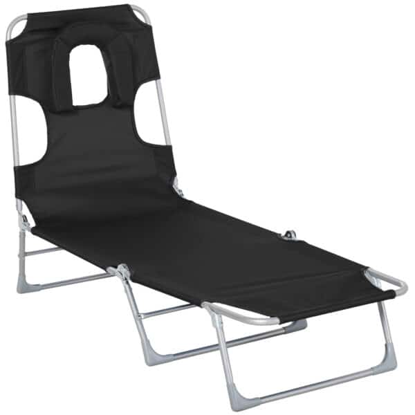 Tumbona Reclinable y Plegable de Jardín con Orificio de Lectura Reposacabezas y Respaldo Ajustable en 5 Niveles para Playa 182x56x24,5 cm Azul/beige/negro - Imagen 8