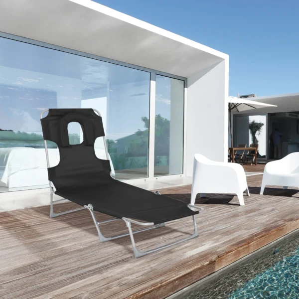 Tumbona Reclinable y Plegable de Jardín con Orificio de Lectura Reposacabezas y Respaldo Ajustable en 5 Niveles para Playa 182x56x24,5 cm Azul/beige/negro - Imagen 7