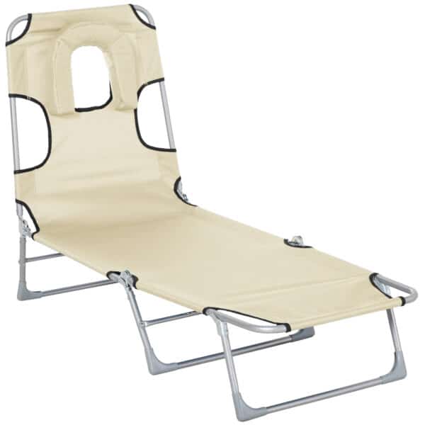 Tumbona Reclinable y Plegable de Jardín con Orificio de Lectura Reposacabezas y Respaldo Ajustable en 5 Niveles para Playa 182x56x24,5 cm Azul/beige/negro - Imagen 14
