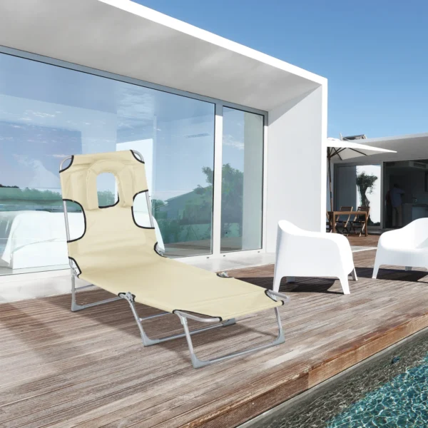 Tumbona Reclinable y Plegable de Jardín con Orificio de Lectura Reposacabezas y Respaldo Ajustable en 5 Niveles para Playa 182x56x24,5 cm Azul/beige/negro - Imagen 13