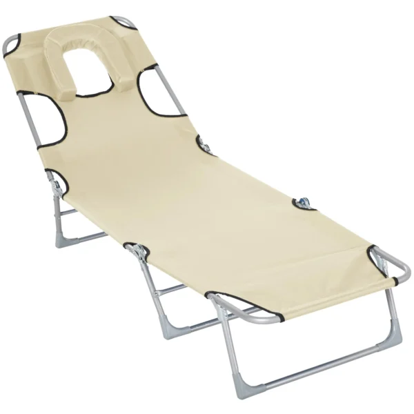 Tumbona Reclinable y Plegable de Jardín con Orificio de Lectura Reposacabezas y Respaldo Ajustable en 5 Niveles para Playa 182x56x24,5 cm Azul/beige/negro - Imagen 10