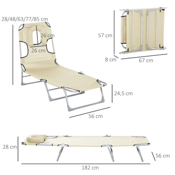 Tumbona Reclinable y Plegable de Jardín con Orificio de Lectura Reposacabezas y Respaldo Ajustable en 5 Niveles para Playa 182x56x24,5 cm Azul/beige/negro - Imagen 12