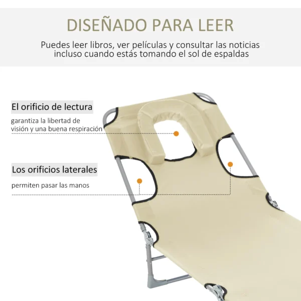 Tumbona Reclinable y Plegable de Jardín con Orificio de Lectura Reposacabezas y Respaldo Ajustable en 5 Niveles para Playa 182x56x24,5 cm Azul/beige/negro - Imagen 11