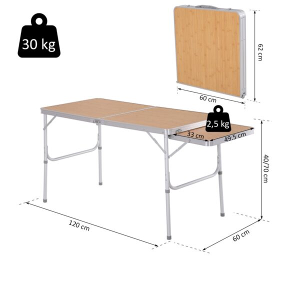 Mesa Plegable de Camping con Ala Abatible Mesa de Picnic de Estructura Ligera de Aluminio Carga 30kg Altura Ajustable 120x60x40/70 cm - Imagen 10