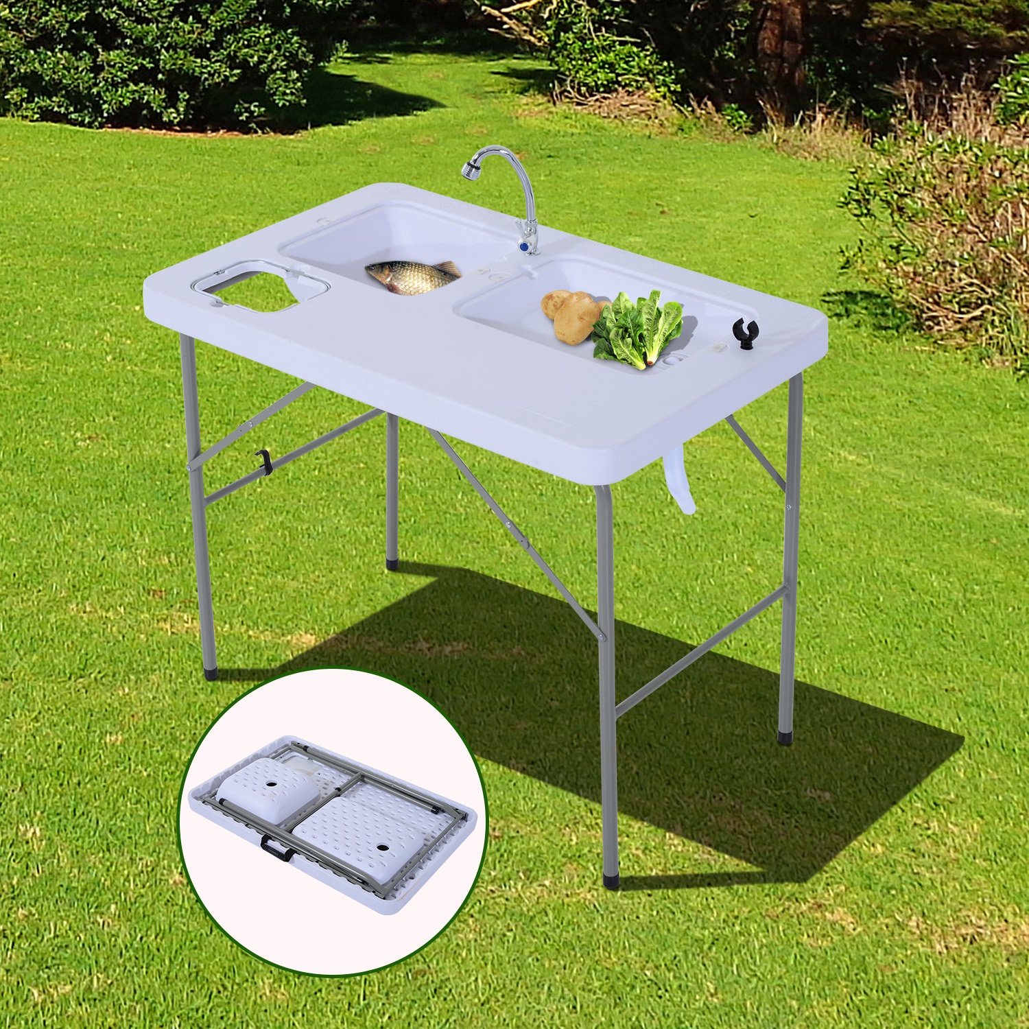 PETSITE Mesa de limpieza de peces, fregadero portátil para acampar con  grifo, mesa de lavado plegable de picnic al aire libre, color blanco