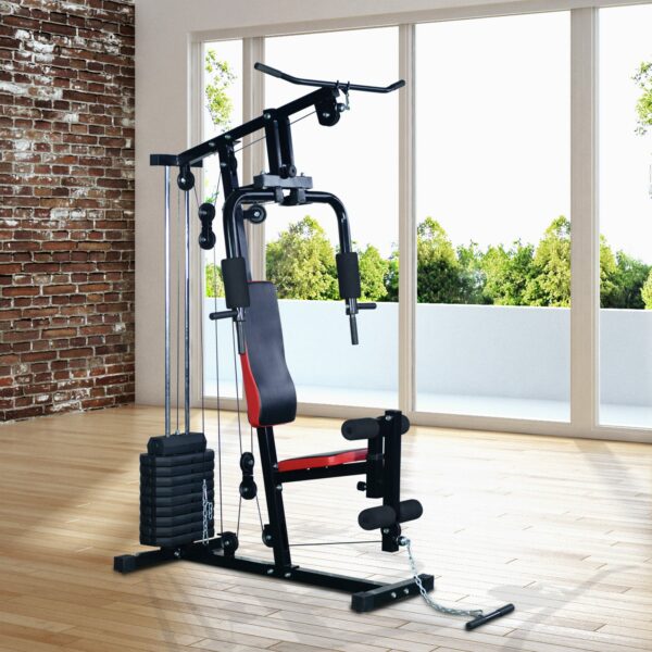 Multiestación de Musculación Máquina Entrenamiento con Estribo para Piernas Poleas y Placas de Peso de 45 kg para Ejercicios de Hombros Espalda Brazos Acero 125x106x205 cm Negro - Imagen 5