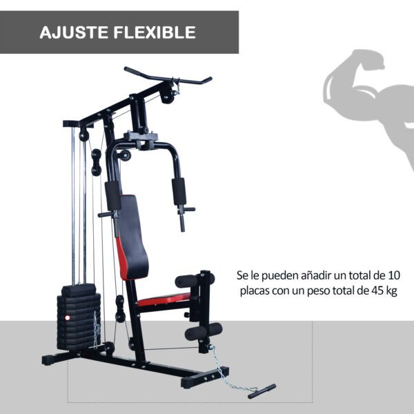 Multiestación de Musculación Máquina Entrenamiento con Estribo para Piernas Poleas y Placas de Peso de 45 kg para Ejercicios de Hombros Espalda Brazos Acero 125x106x205 cm Negro - Imagen 7