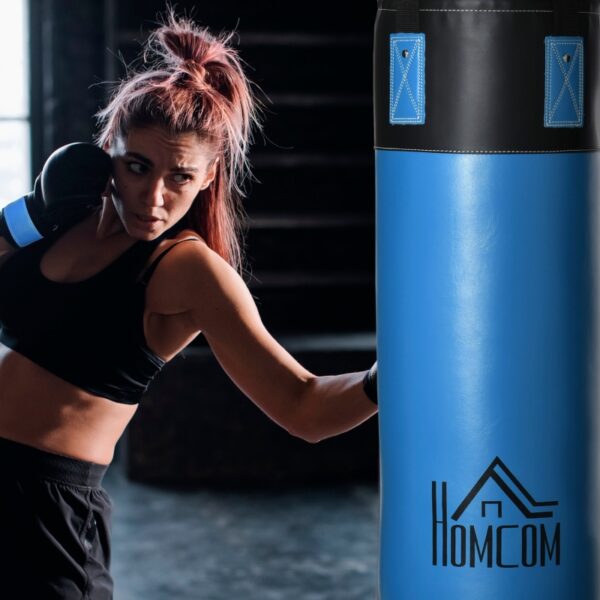 Saco de Boxeo Profesional Punching Bag con Guantes de 8 oz Gancho y Bolsa de Almacenaje Saco de Arena de Entrenamiento para Adultos y Adolescentes Ø25x102 cm Azul - Imagen 7