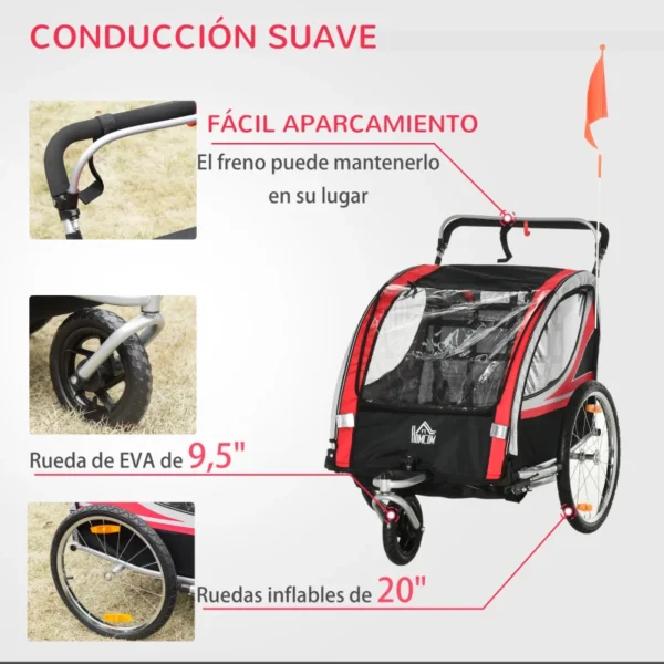 Remolque de Bicicleta para Niños +18 Meses 2 en 1 Cochecito de Paseo de 2 Plazas con Freno de Mano Cinturón de Seguridad Bandera y Reflectores 142x75x101 cm Rojo/VERDE - Imagen 7