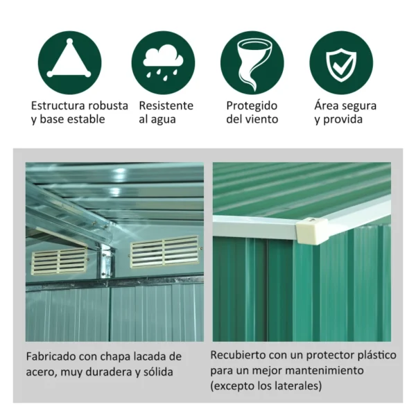 Cobertizo de Jardín 258x206x178 cm 5,3m² Caseta de Acero Galvanizado con Puertas Correderas y Ventilaciones para Almacenamiento de Herramientas Jardinería Verde - Imagen 5