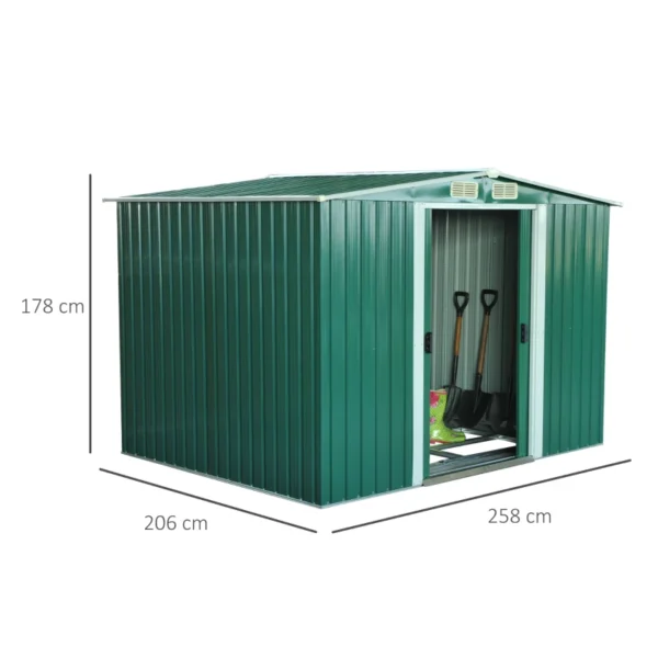 Cobertizo de Jardín 258x206x178 cm 5,3m² Caseta de Acero Galvanizado con Puertas Correderas y Ventilaciones para Almacenamiento de Herramientas Jardinería Verde - Imagen 7