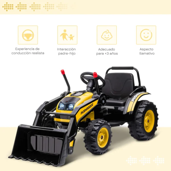 Tractor Excavadora Eléctrico para Niños de +3 Años Vehículo Infantil con Batería 6V Pala Música y Luces Velocidad de 2 Niveles 132x62x65 cm Negro y Amarillo - Imagen 9
