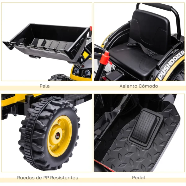 Tractor Excavadora Eléctrico para Niños de +3 Años Vehículo Infantil con Batería 6V Pala Música y Luces Velocidad de 2 Niveles 132x62x65 cm Negro y Amarillo - Imagen 7