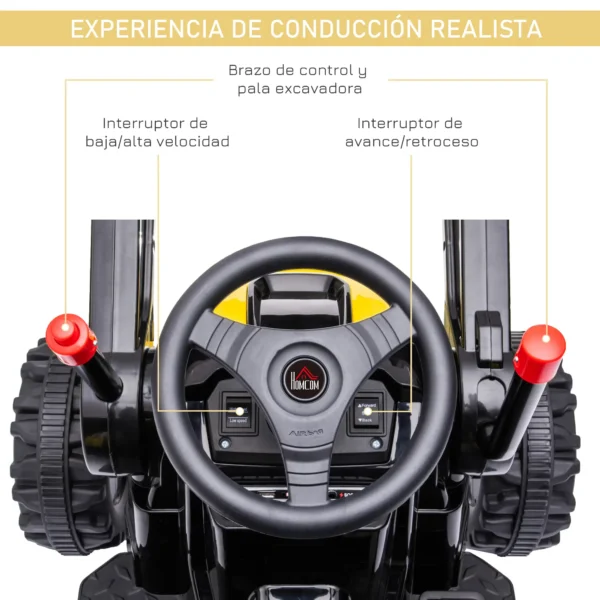 Tractor Excavadora Eléctrico para Niños de +3 Años Vehículo Infantil con Batería 6V Pala Música y Luces Velocidad de 2 Niveles 132x62x65 cm Negro y Amarillo - Imagen 8