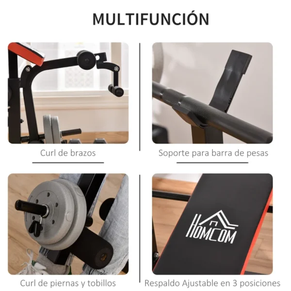 Banco de Pesas Multifuncional Banco de Musculación con Respaldo Ajustable Soporte de Barras para Fitness Entrenamiento Completo 105x150x112 cm Negro - Imagen 7