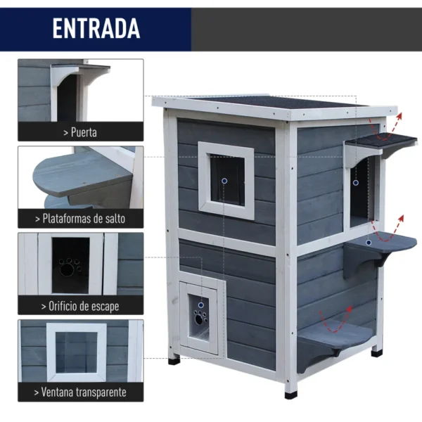 Caseta para Gatos de Madera Exterior Casa para Gatos de 2 Pisos con Techo Abrible Ventanas y 2 Plataformas para Terraza Balcón Jardín 51x51x81,3 cm Gris - Imagen 3