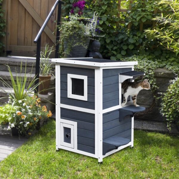 Caseta para Gatos de Madera Exterior Casa para Gatos de 2 Pisos con Techo Abrible Ventanas y 2 Plataformas para Terraza Balcón Jardín 51x51x81,3 cm Gris - Imagen 8