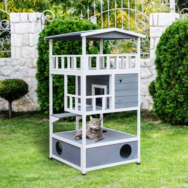 Caseta para Gatos de Madera de Abeto con Gran Espacio de 4 Pisos y Centro de Actividades 78x76x140cm - Imagen 12