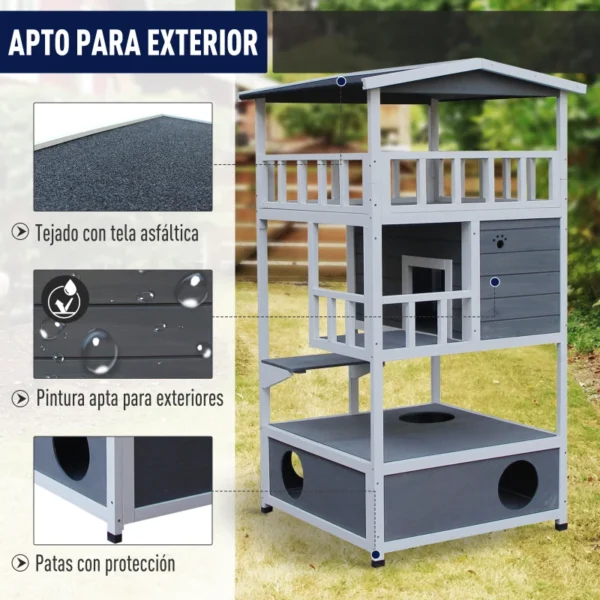 Caseta para Gatos de Madera de Abeto con Gran Espacio de 4 Pisos y Centro de Actividades 78x76x140cm - Imagen 9