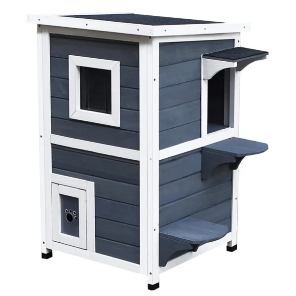 Caseta para Gatos de Madera Exterior Casa para Gatos de 2 Pisos con Techo Abrible Ventanas y 2 Plataformas para Terraza Balcón Jardín 51x51x81,3 cm Gris
