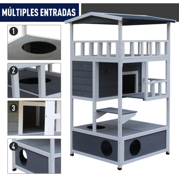 Caseta para Gatos de Madera de Abeto con Gran Espacio de 4 Pisos y Centro de Actividades 78x76x140cm - Imagen 3