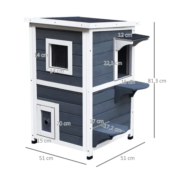Caseta para Gatos de Madera Exterior Casa para Gatos de 2 Pisos con Techo Abrible Ventanas y 2 Plataformas para Terraza Balcón Jardín 51x51x81,3 cm Gris - Imagen 6