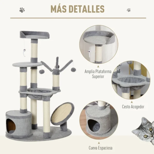 Árbol Rascador para Gatos Rascador de Gatos Barato con Hamaca Plataformas Juguetes Colgantes de felpa Suave y Postes para Rascar de Sisal Natural 80x55x122 cm Gris - Imagen 9