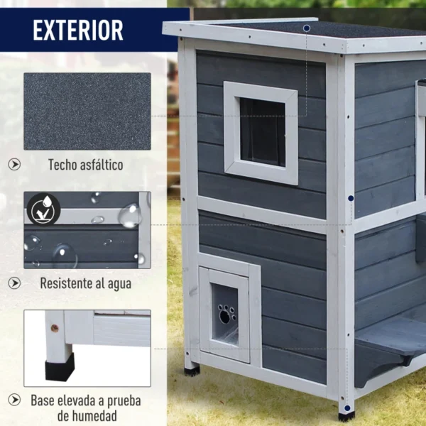 Caseta para Gatos de Madera Exterior Casa para Gatos de 2 Pisos con Techo Abrible Ventanas y 2 Plataformas para Terraza Balcón Jardín 51x51x81,3 cm Gris - Imagen 2