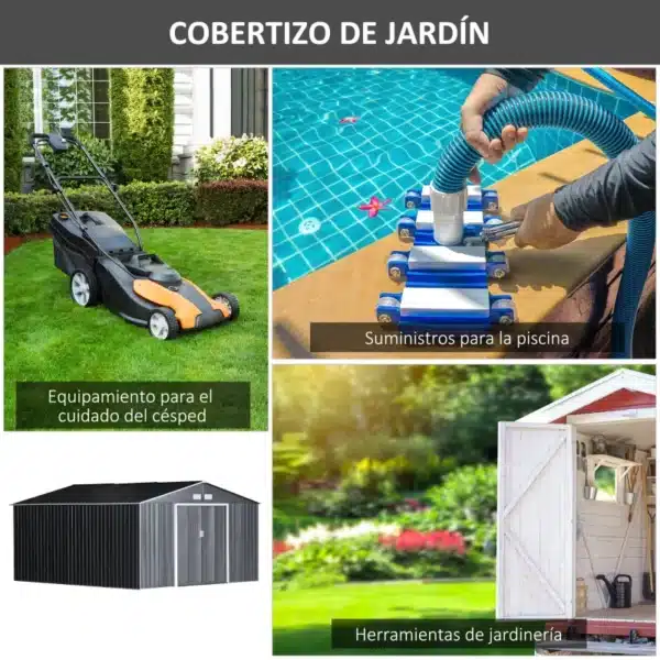 Cobertizo de Jardín 340x386x200 cm 12,27 m² Caseta Exterior de Acero para Almacenamiento de Herramientas con Puertas Correderas y Ventilaciones Gris - Imagen 7