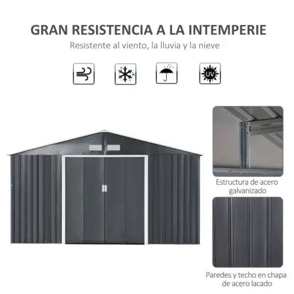 Cobertizo de Jardín 340x386x200 cm 12,27 m² Caseta Exterior de Acero para Almacenamiento de Herramientas con Puertas Correderas y Ventilaciones Gris - Imagen 9