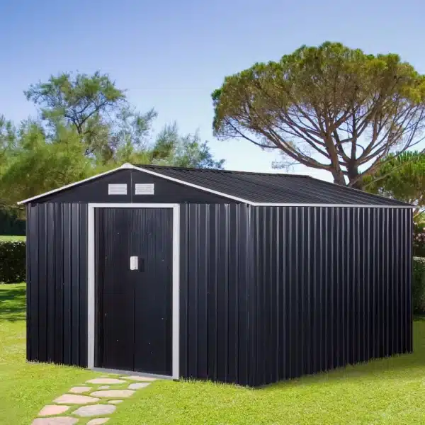 Cobertizo de Jardín 322x277x192 cm Base de 8,25 m² Caseta de Exterior Metálica para Almacenamiento de Herramientas con 2 Puertas Correderas y 4 Ventanas Gris