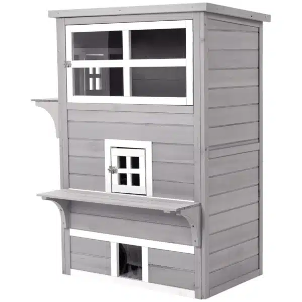 Caseta para Gatos de Madera Exterior Casa Grande para Gatos de 3 Pisos con Múltiples Entradas Ventanas y 2 Plataformas para Terraza Balcón Jardín 98x68,5x122 cm Gris - Imagen 5