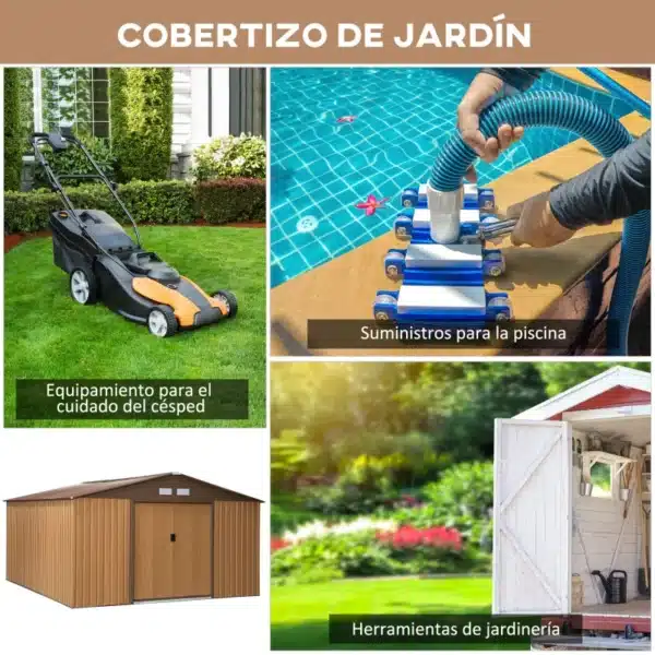 Cobertizo de Jardín 340x386x200 cm 12,27 m² Caseta Exterior de Acero para Almacenamiento de Herramientas con Puertas Correderas y Ventilaciones Ocre Oscuro - Imagen 6