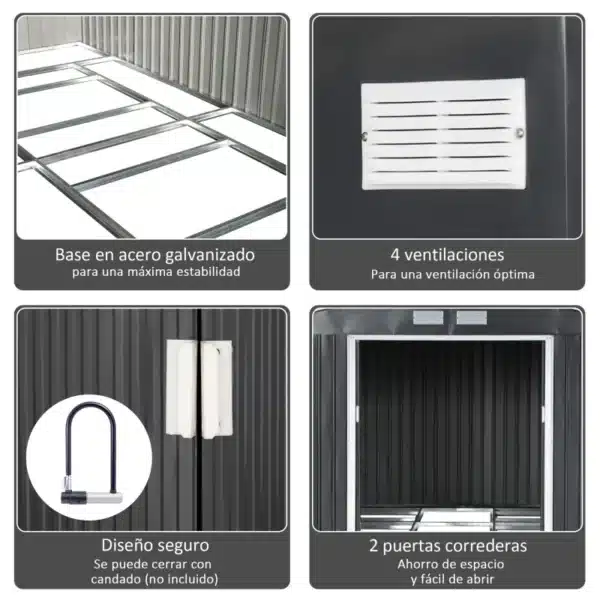Cobertizo de Jardín 340x386x200 cm 12,27 m² Caseta Exterior de Acero para Almacenamiento de Herramientas con Puertas Correderas y Ventilaciones Gris - Imagen 8