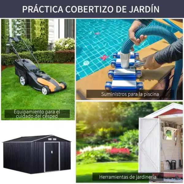 Cobertizo de Jardín 322x277x192 cm Base de 8,25 m² Caseta de Exterior Metálica para Almacenamiento de Herramientas con 2 Puertas Correderas y 4 Ventanas Gris - Imagen 6