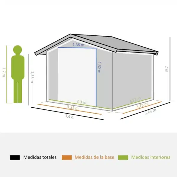 Cobertizo de Jardín 340x386x200 cm 12,27 m² Caseta Exterior de Acero para Almacenamiento de Herramientas con Puertas Correderas y Ventilaciones Ocre Oscuro - Imagen 9