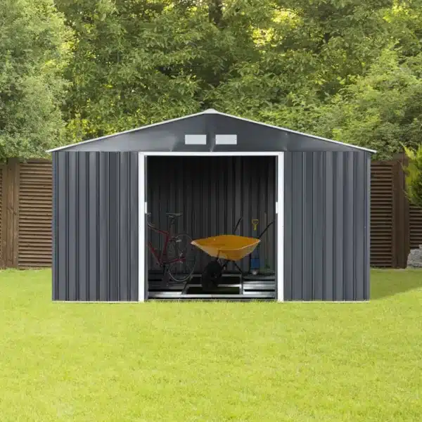 Cobertizo de Jardín 340x386x200 cm 12,27 m² Caseta Exterior de Acero para Almacenamiento de Herramientas con Puertas Correderas y Ventilaciones Gris - Imagen 11
