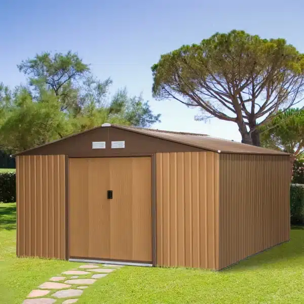 Cobertizo de Jardín 340x386x200 cm 12,27 m² Caseta Exterior de Acero para Almacenamiento de Herramientas con Puertas Correderas y Ventilaciones Ocre Oscuro - Imagen 3