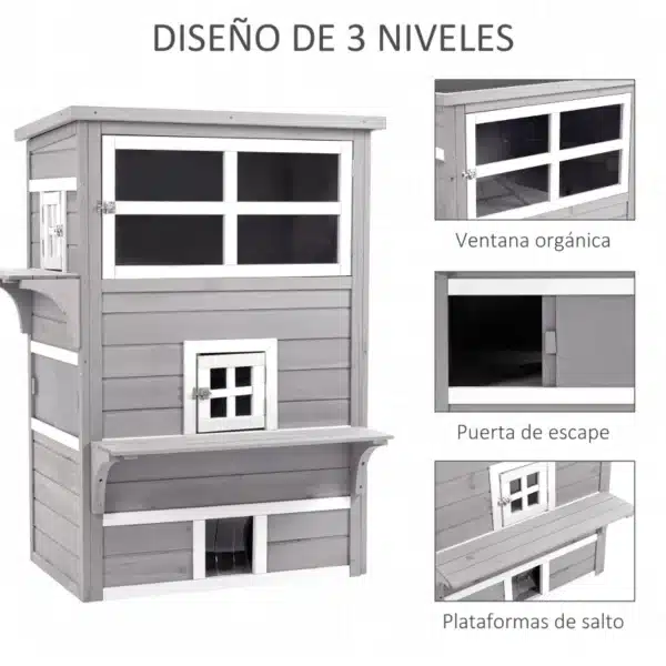 Caseta para Gatos de Madera Exterior Casa Grande para Gatos de 3 Pisos con Múltiples Entradas Ventanas y 2 Plataformas para Terraza Balcón Jardín 98x68,5x122 cm Gris - Imagen 9
