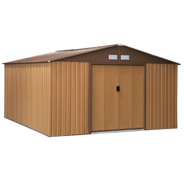 Cobertizo de Jardín 340x386x200 cm 12,27 m² Caseta Exterior de Acero para Almacenamiento de Herramientas con Puertas Correderas y Ventilaciones Ocre Oscuro