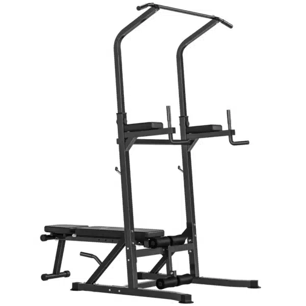 Estación de Musculación Torre de Entrenamiento Altura Ajustable con Barra de Dominadas y Banco Plegable para Fitness en Casa Gimnasio Carga 150 kg 99x178x230 cm Negro